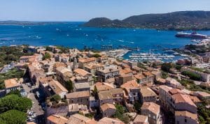 Aerial view of Porto-Vecchio with the port, boats and bay in background
